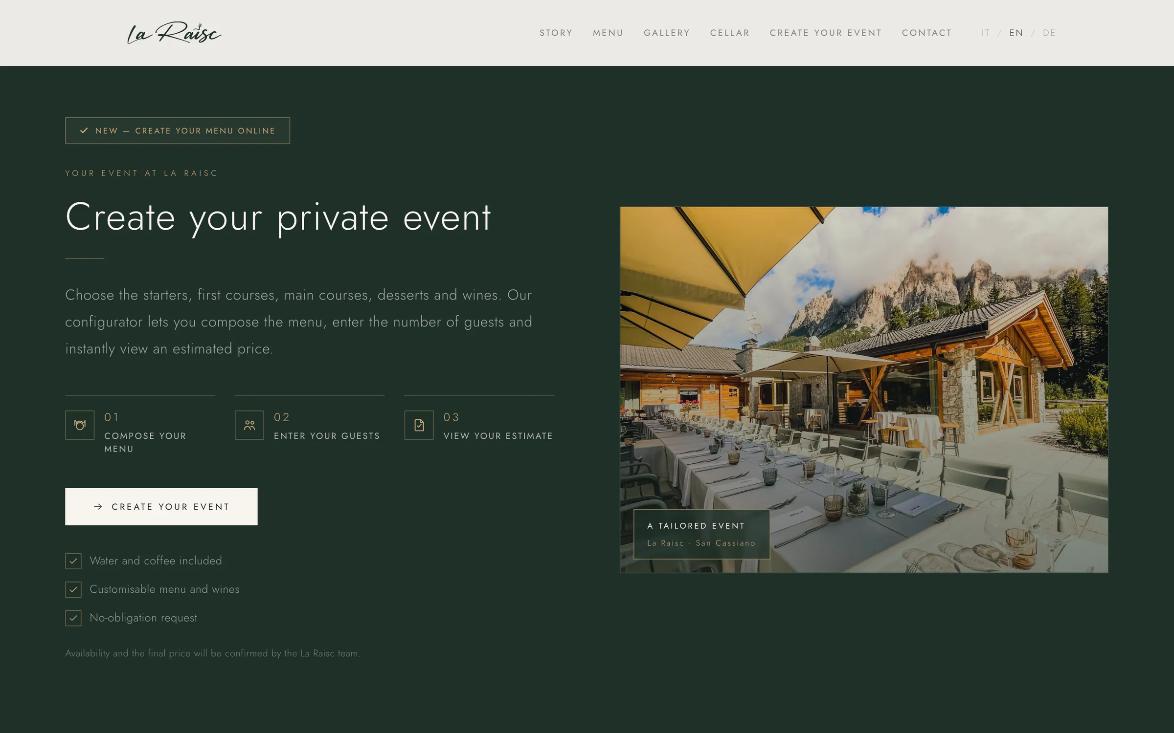 laraisc.com: the private-event section and the three steps of the configurator