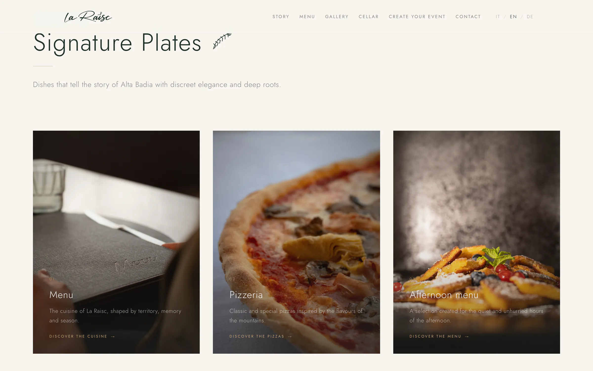 laraisc.com: the three menus — the kitchen, the pizzeria and the afternoon menu