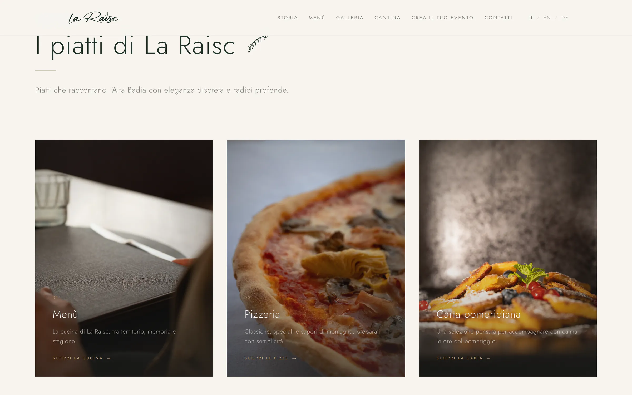 laraisc.com: i tre menu — la cucina, la pizzeria e la carta pomeridiana