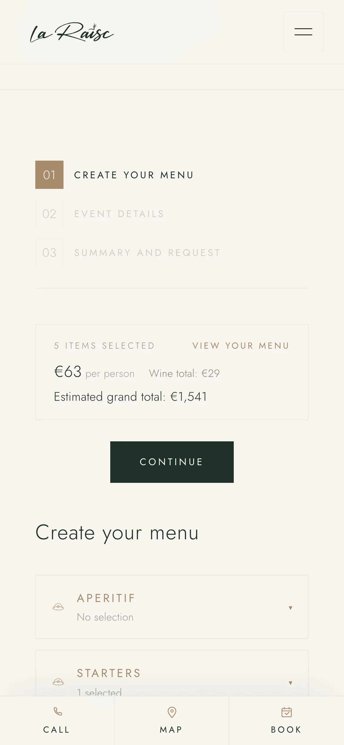 The configurator on a phone: items selected, price per person and an indicative total