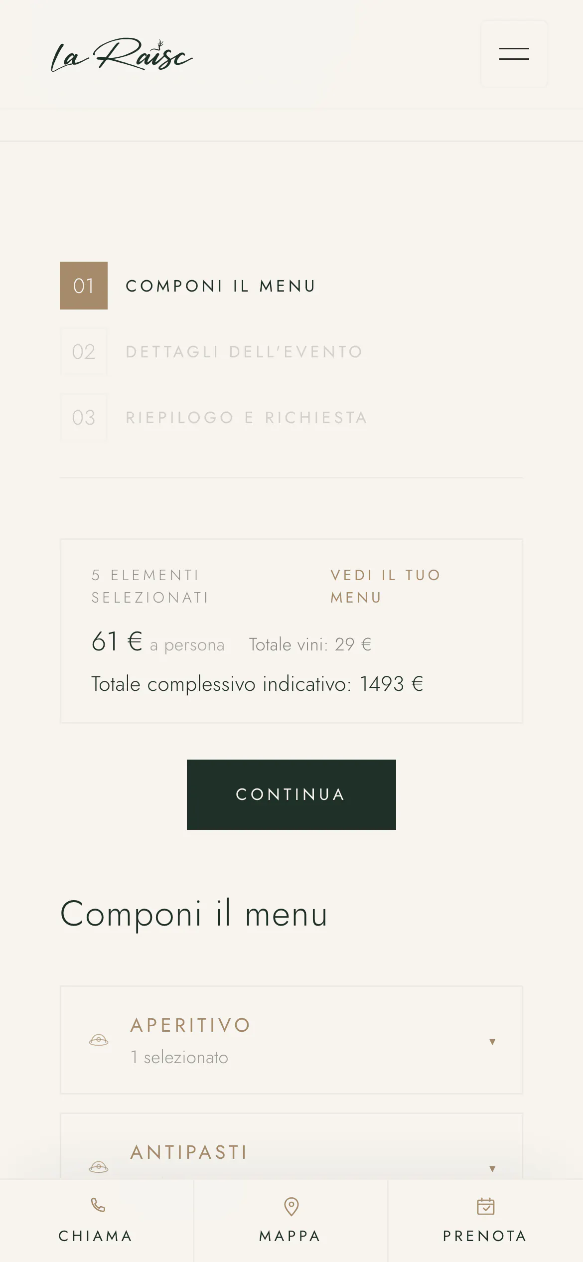 Il configuratore su telefono: elementi scelti, prezzo a persona e totale indicativo