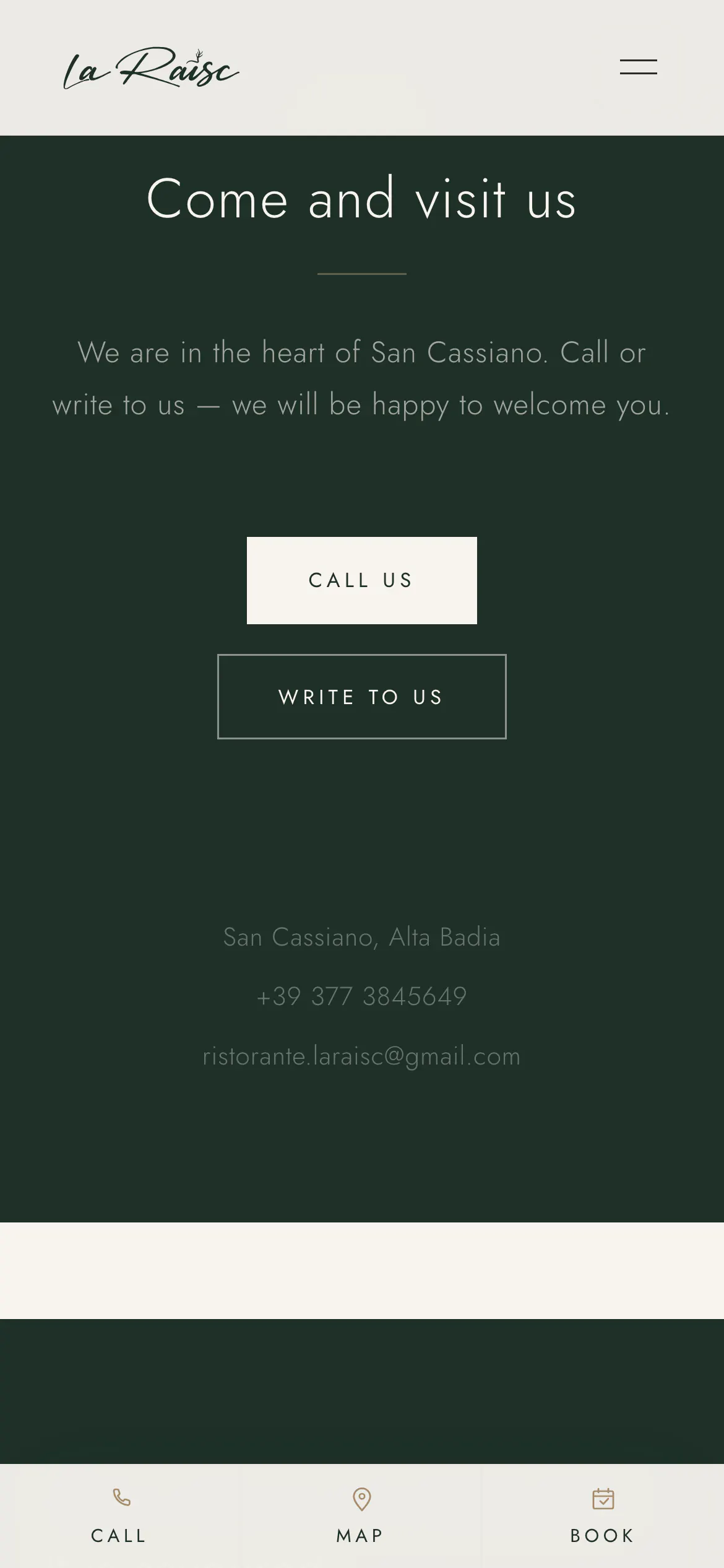 laraisc.com on a phone: “Come and visit us”, with call and write