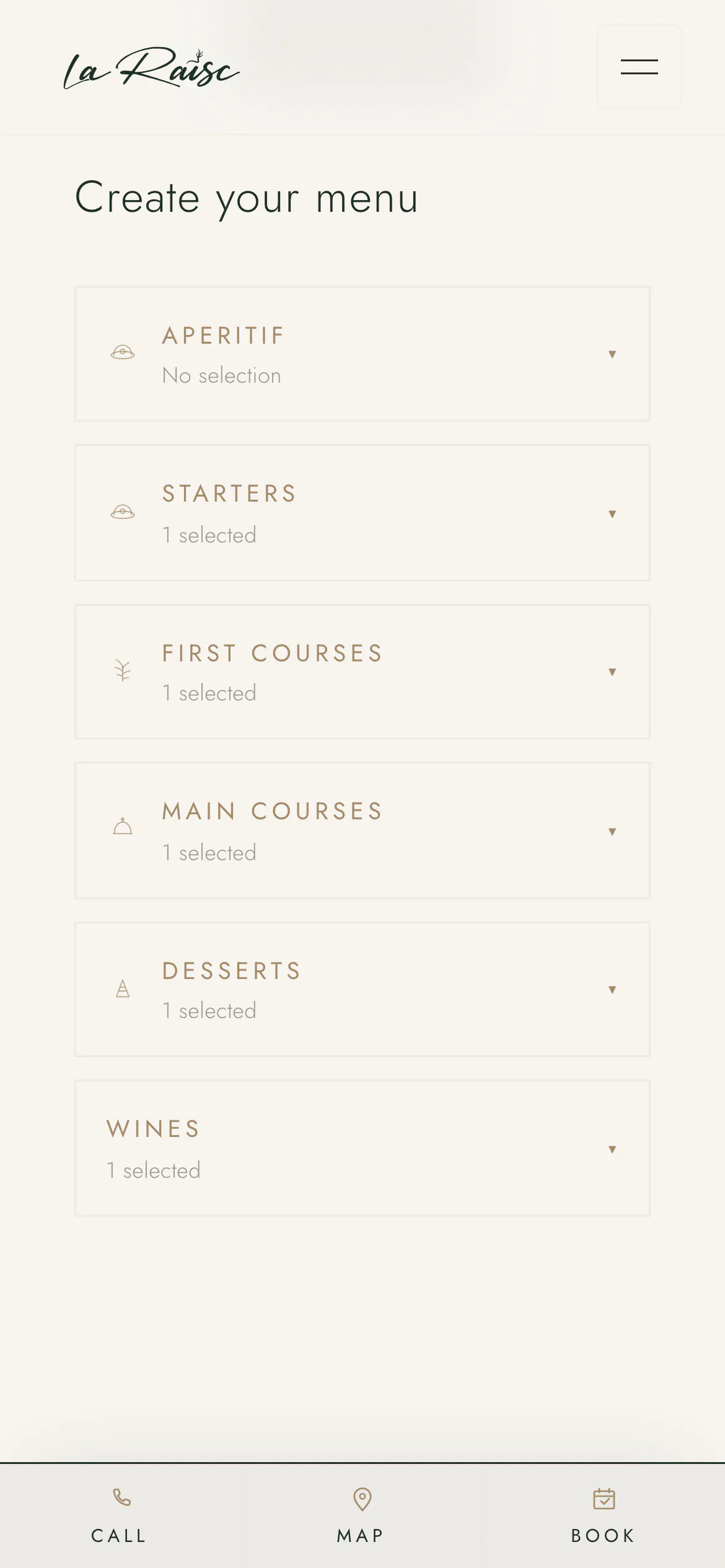 The configurator on a phone: the courses, each showing what has been chosen