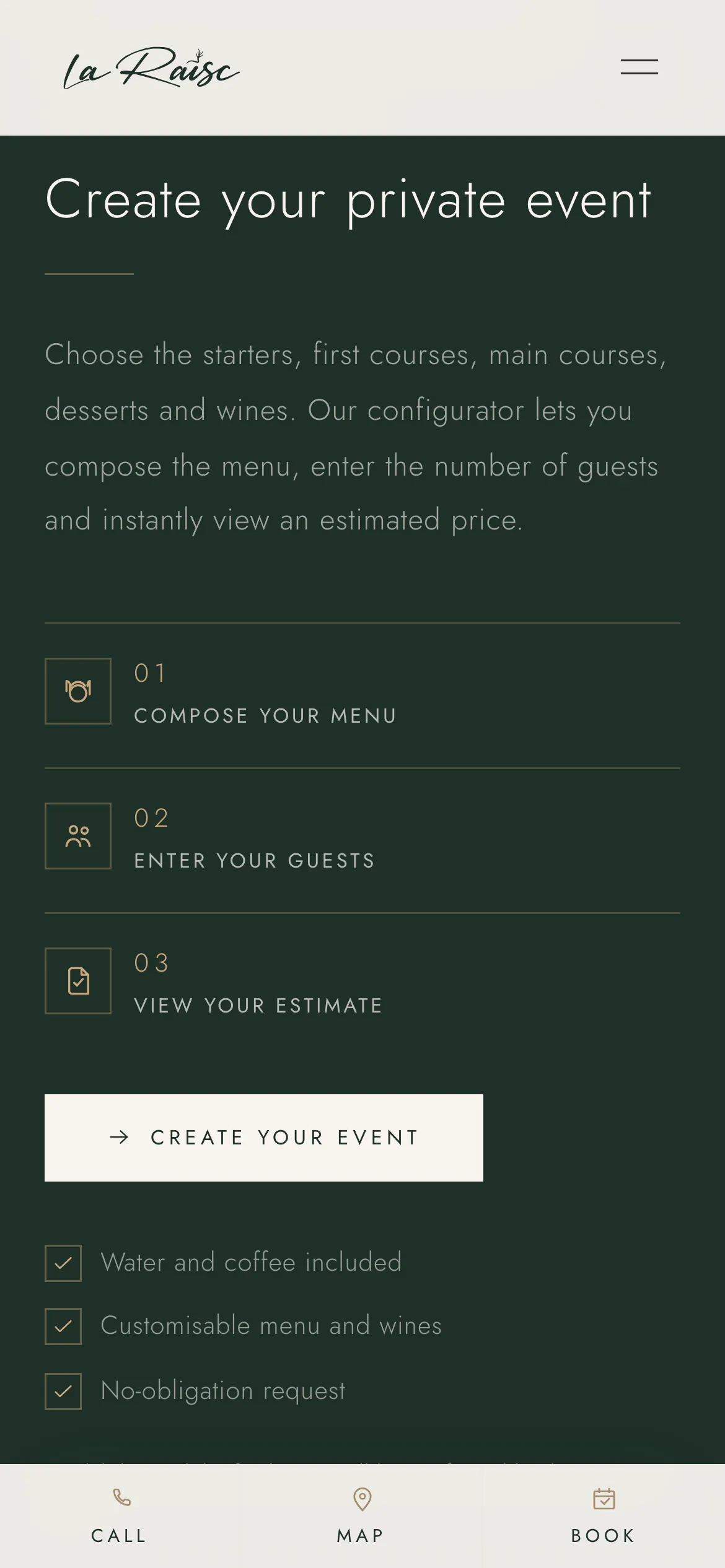 laraisc.com on a phone: create your private event, in three steps