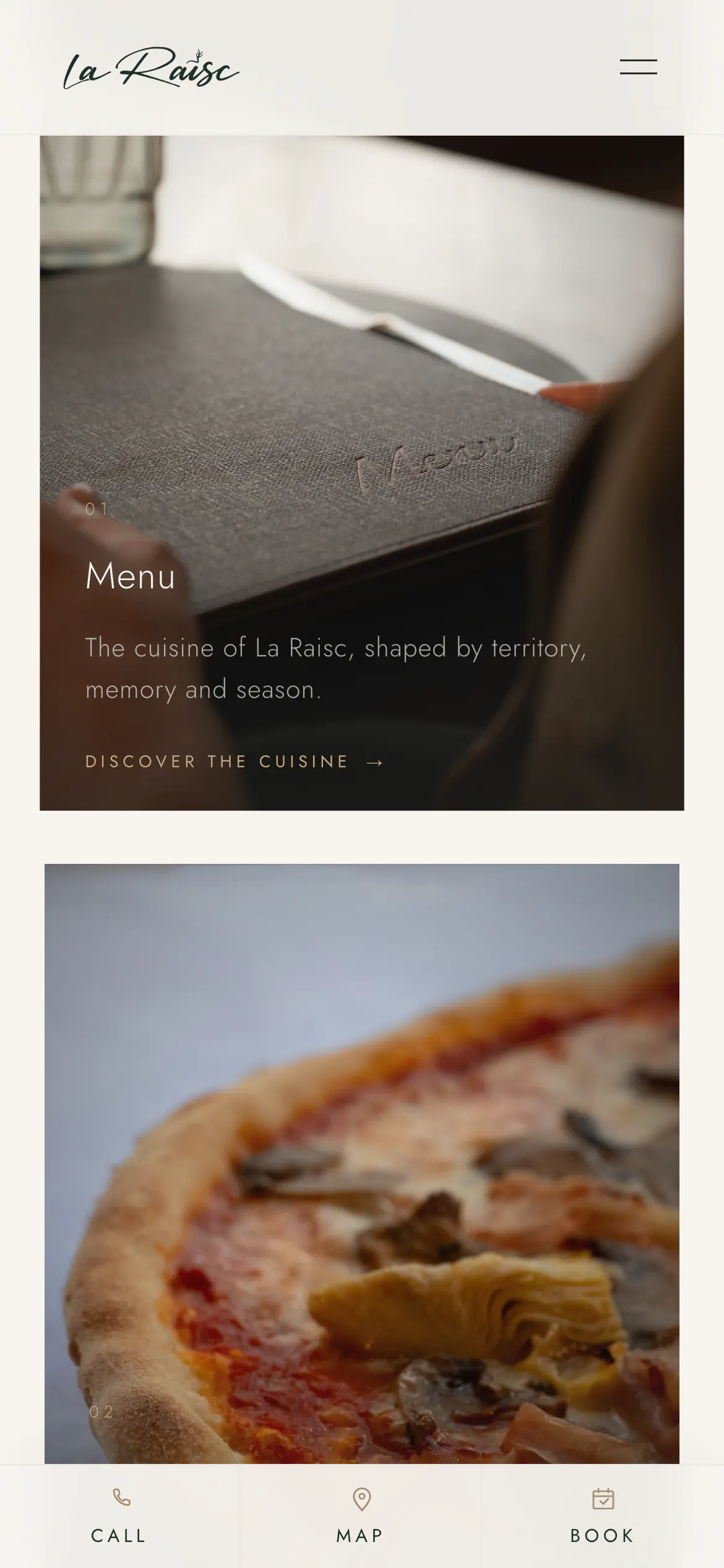 laraisc.com on a phone: the menus, with the Call · Map · Book bar at the bottom