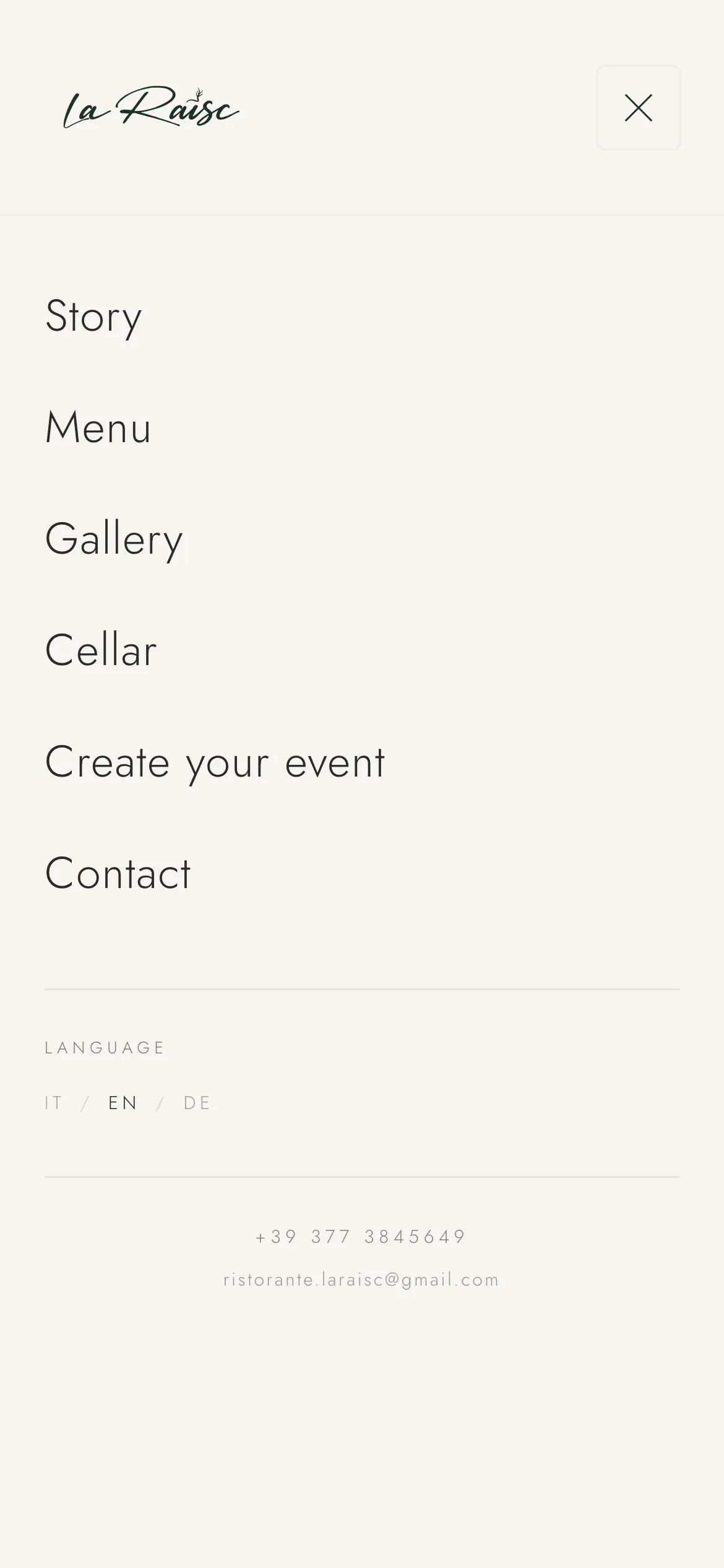 laraisc.com on a phone: the menu sheet — story, menu, gallery, cellar, create your event, contact