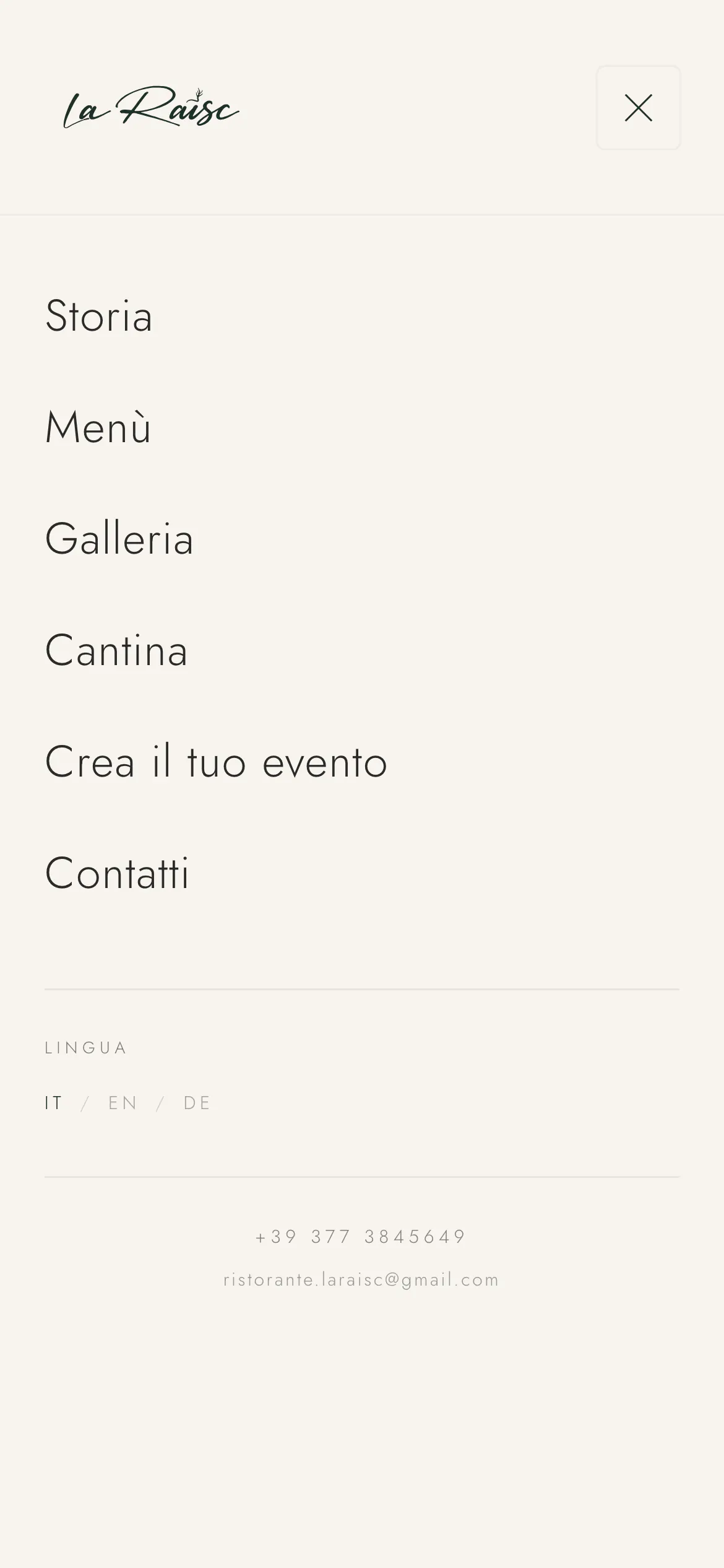 laraisc.com su telefono: il pannello del menu — storia, menù, galleria, cantina, crea il tuo evento, contatti