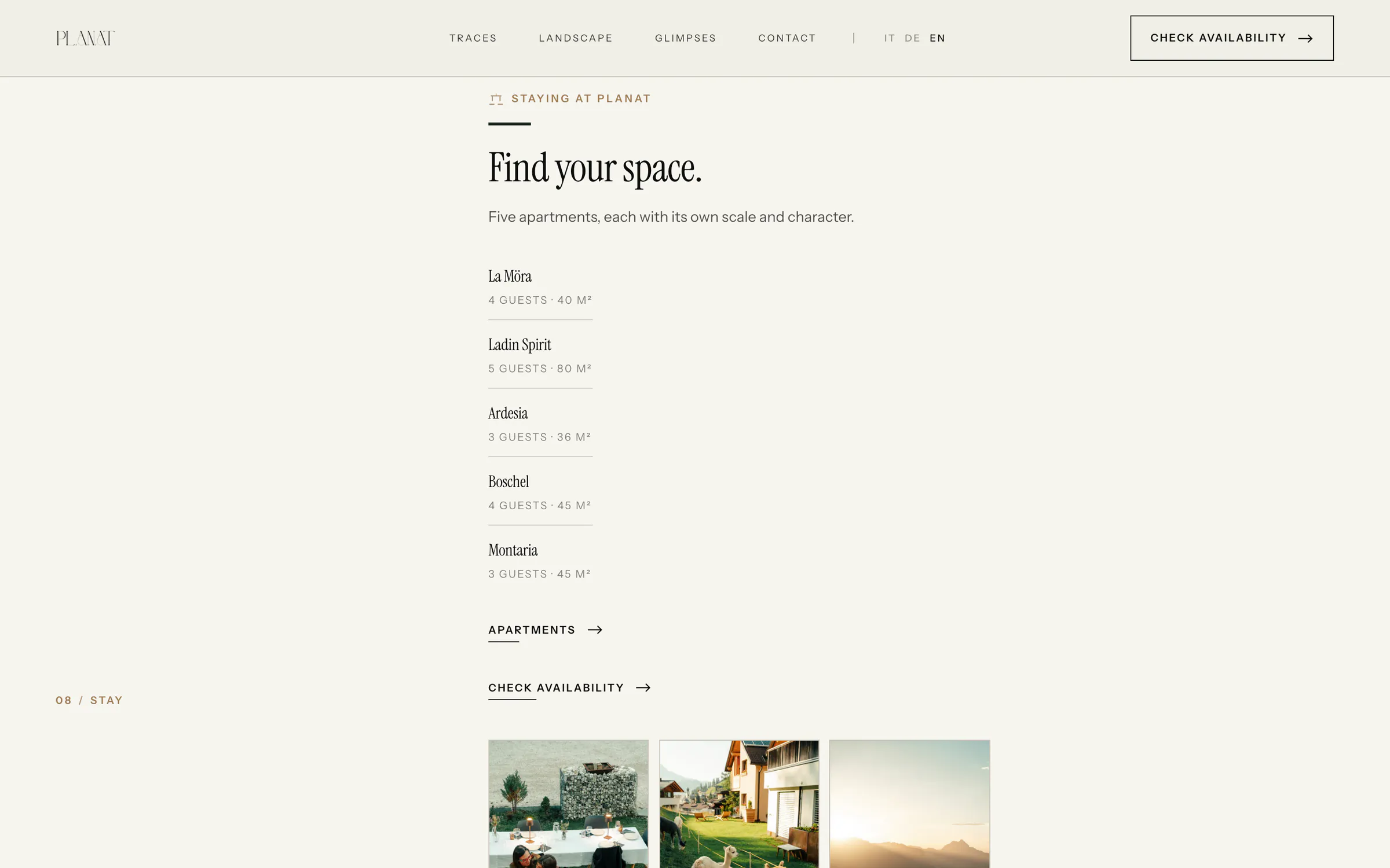 planat.it: the five apartments — La Möra, Ladin Spirit, Ardesia, Boschel, Montaria — with guests and size