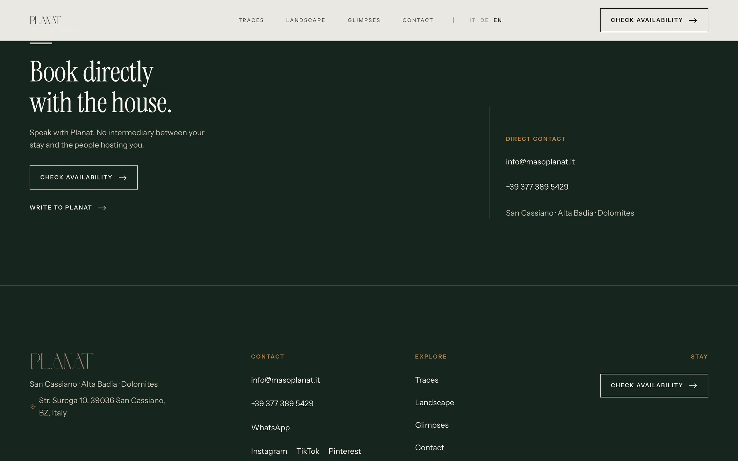 planat.it: “Book directly with the house.”, availability and direct contact