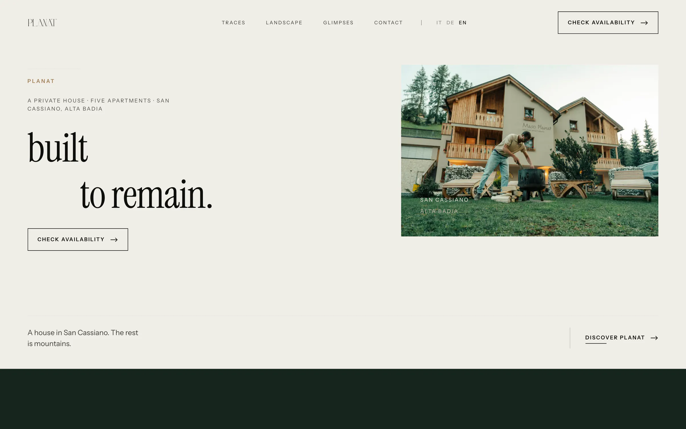 planat.it on a desktop: “built to remain.”, a photograph of the house and the Check availability button
