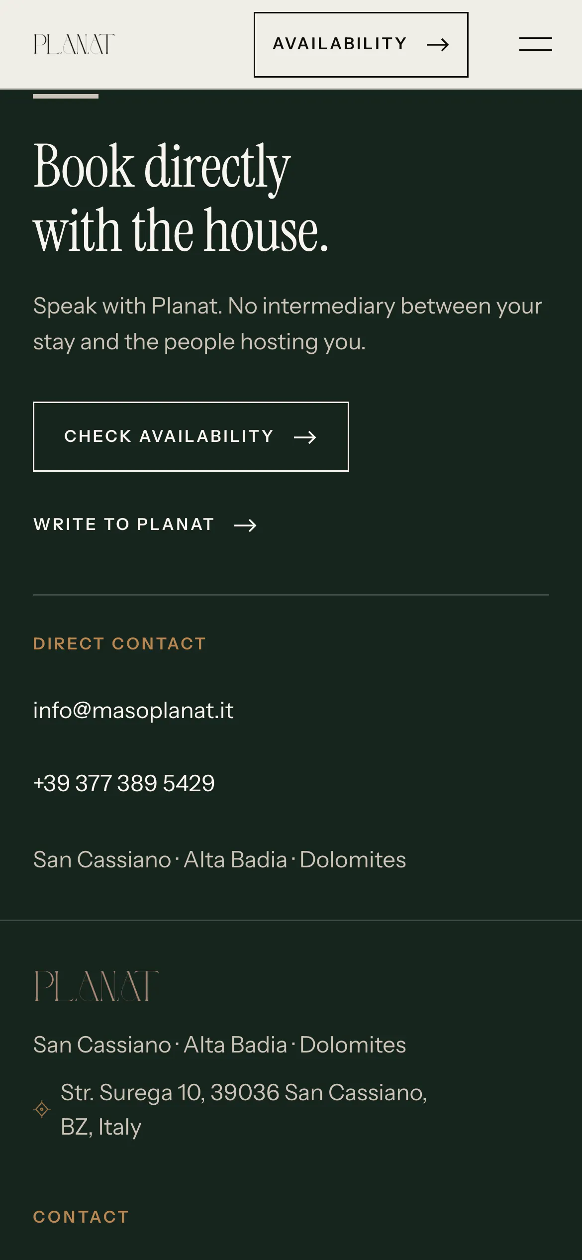planat.it on a phone: booking directly with the house, with email and phone