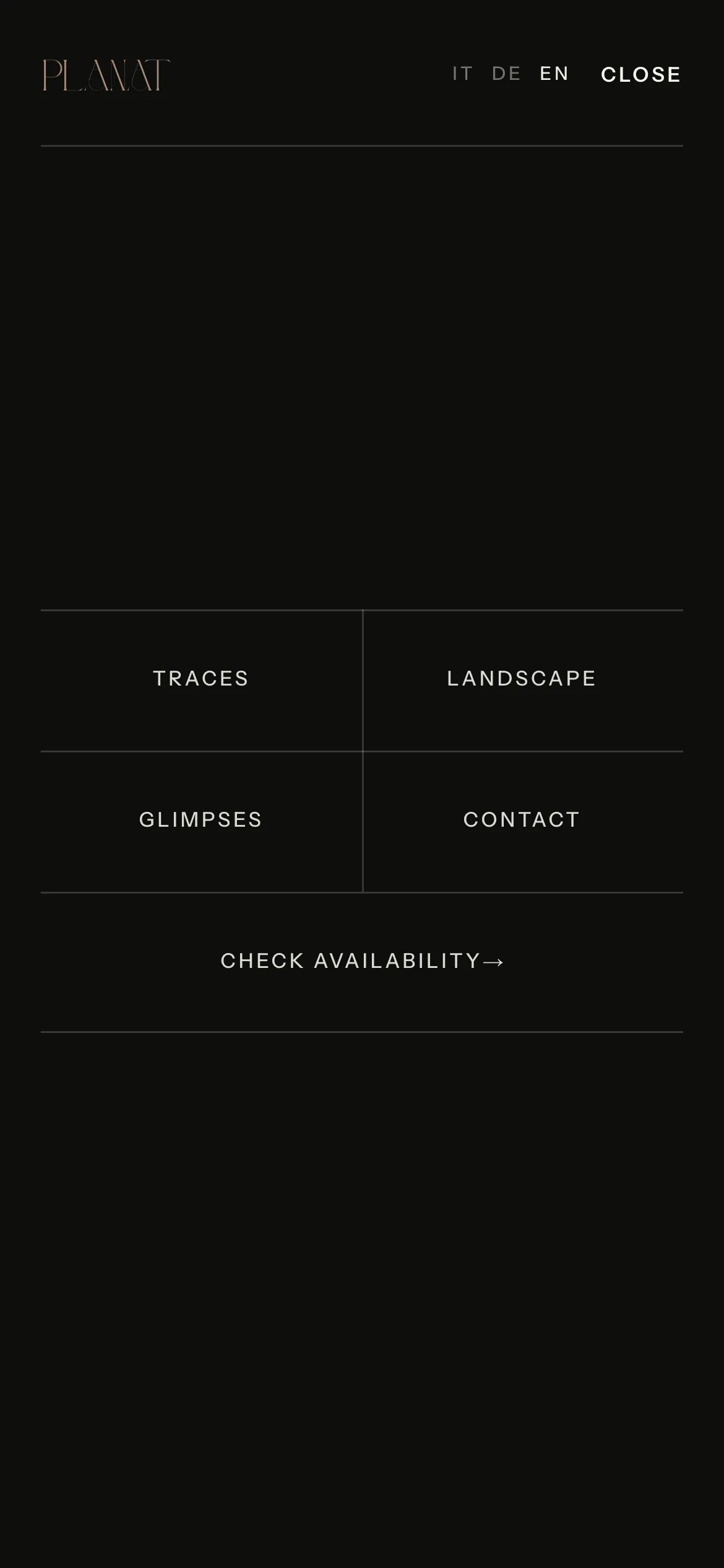 planat.it on a phone: the menu — trails, landscape, glimpses, contact — and availability