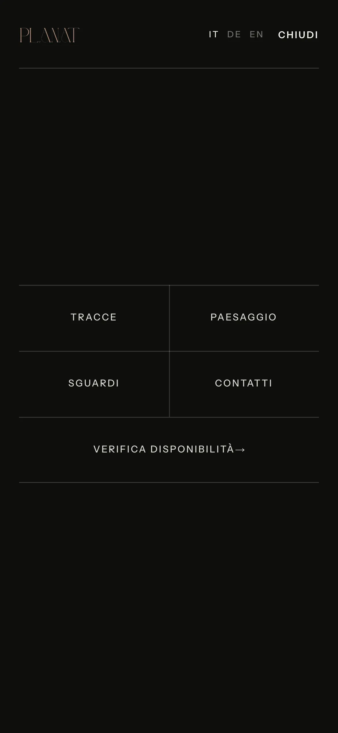 planat.it su telefono: il menu — tracce, paesaggio, sguardi, contatti — e la disponibilità